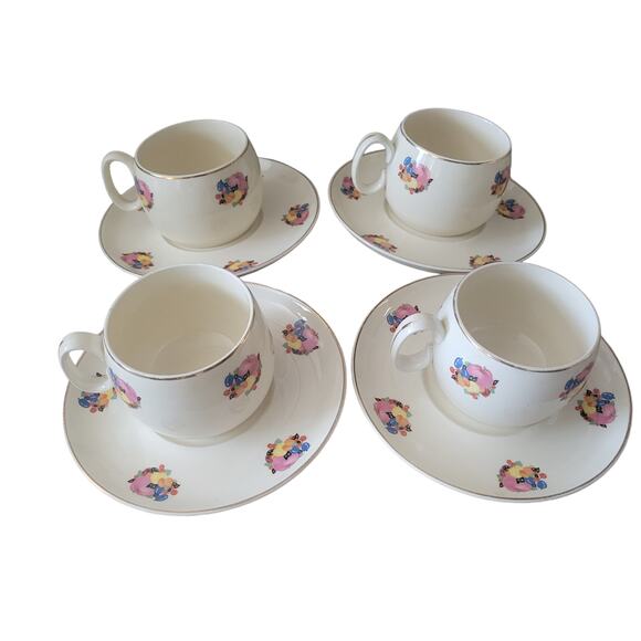 Vintage 30s Country Gentleman by Cavitt Shaw WS George Tea Cup Saucer Set of 4 - Picture 1 of 10